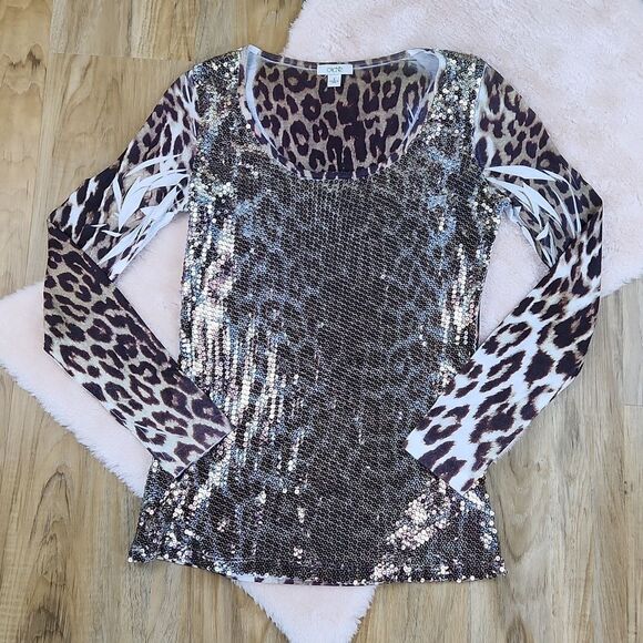 🔹️Cache Brown & Cream Sequined Leopard Burnout Long Sleeve Top Small - Picture 1 of 12